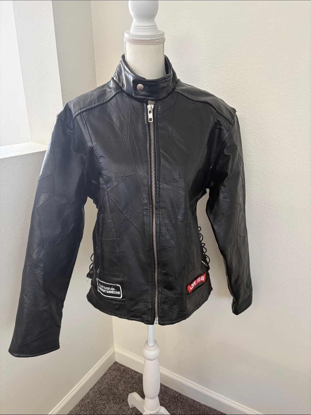 Black Leather Zip-Front Motorcycle Jacket with Snap Collar